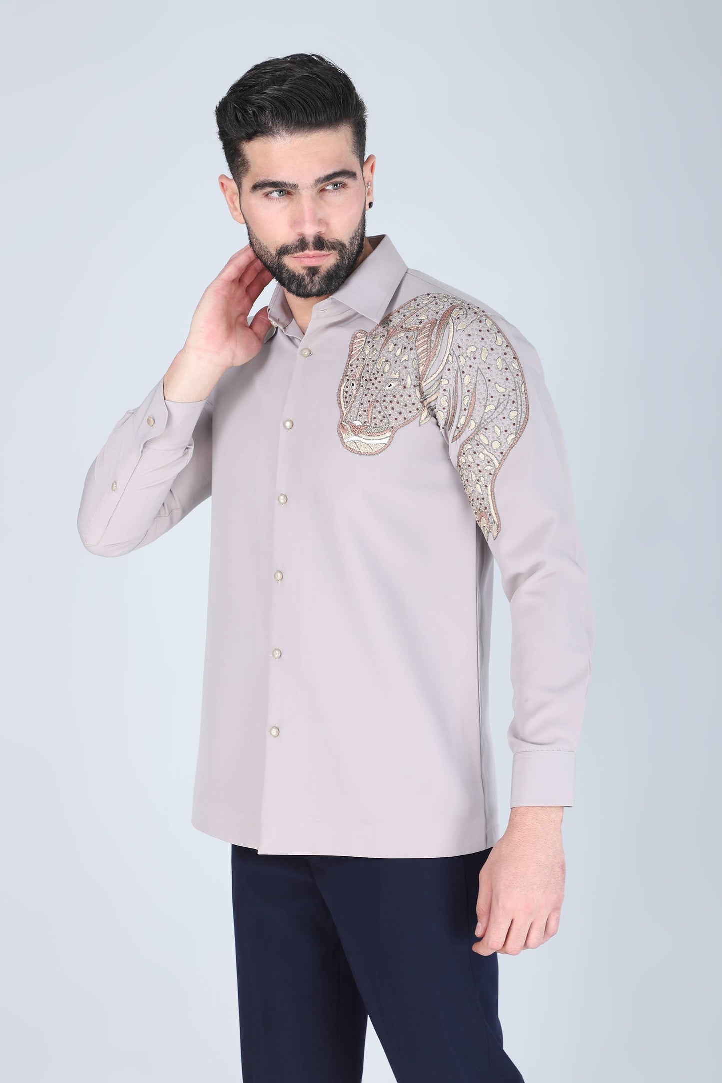 Light Grey Hand embroidered shirt for men