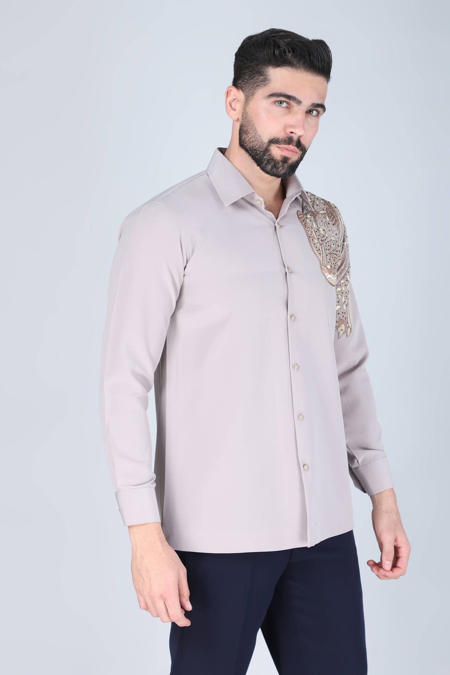 Light Grey Hand embroidered shirt for men