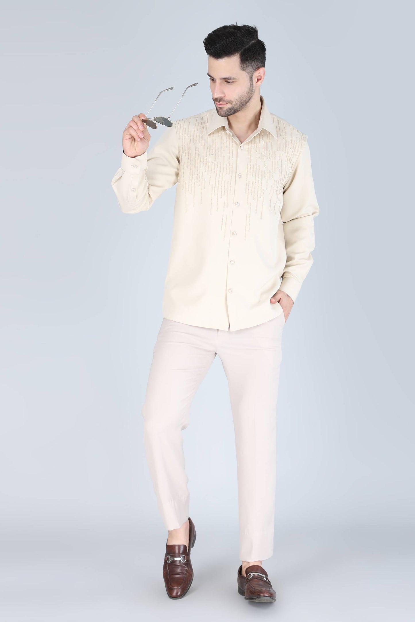 Cream Hand Embroidered Shirt for Men
