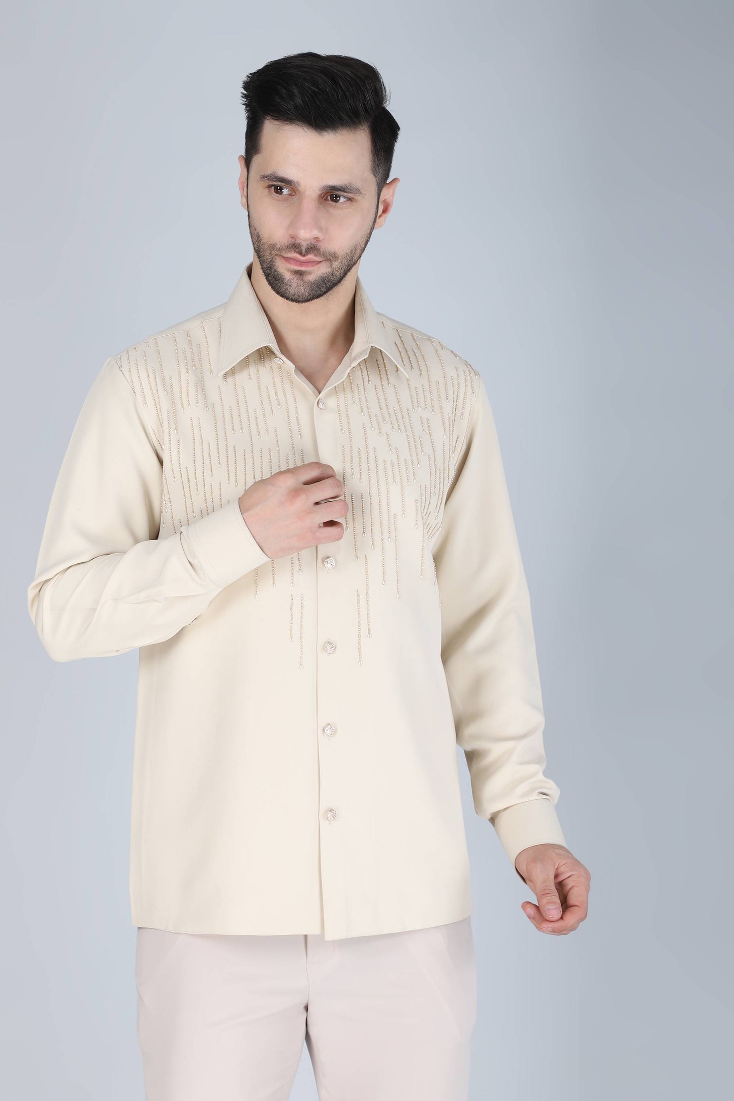 Cream Hand Embroidered Shirt for Men
