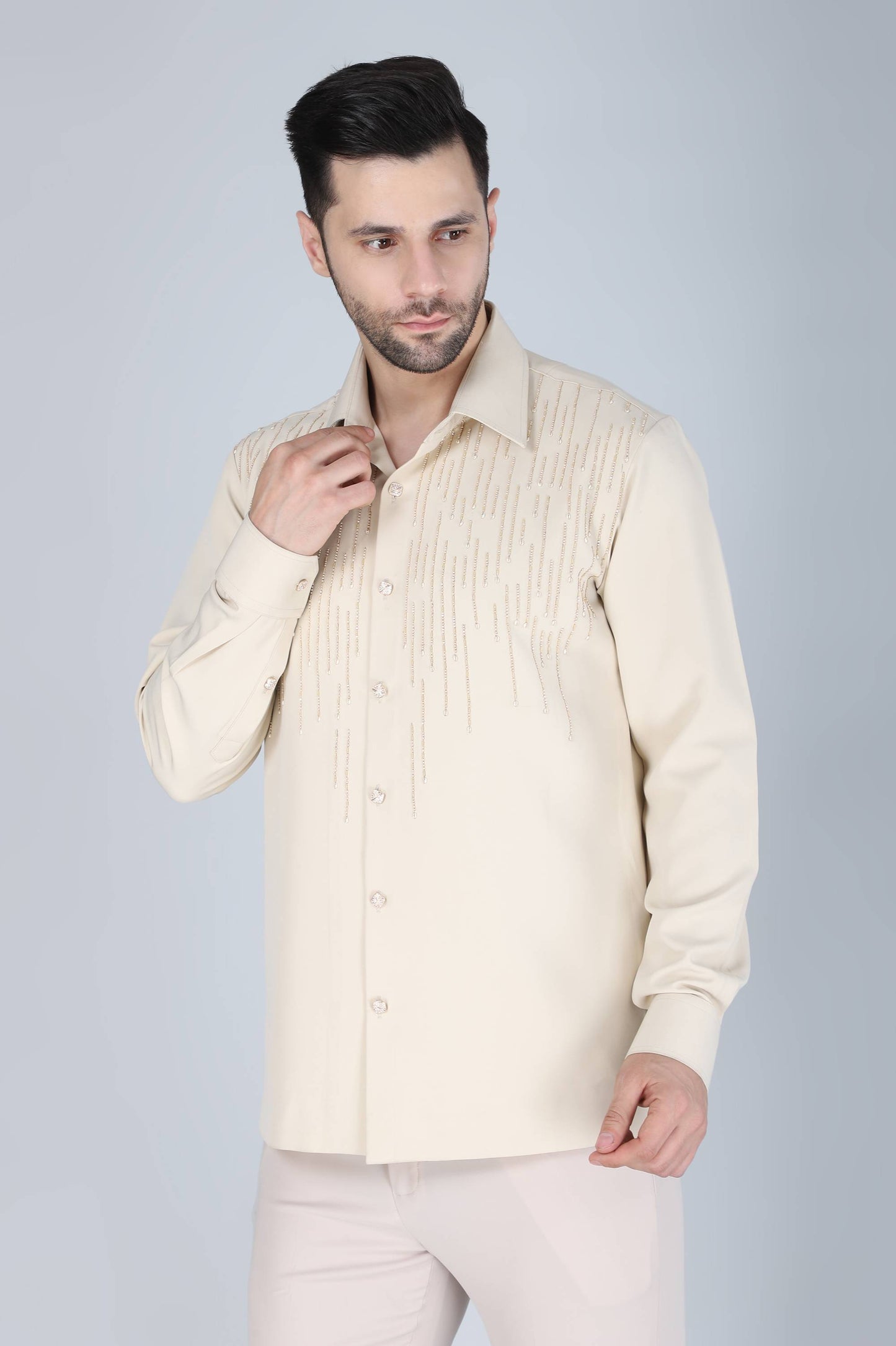 Cream Hand Embroidered Shirt for Men