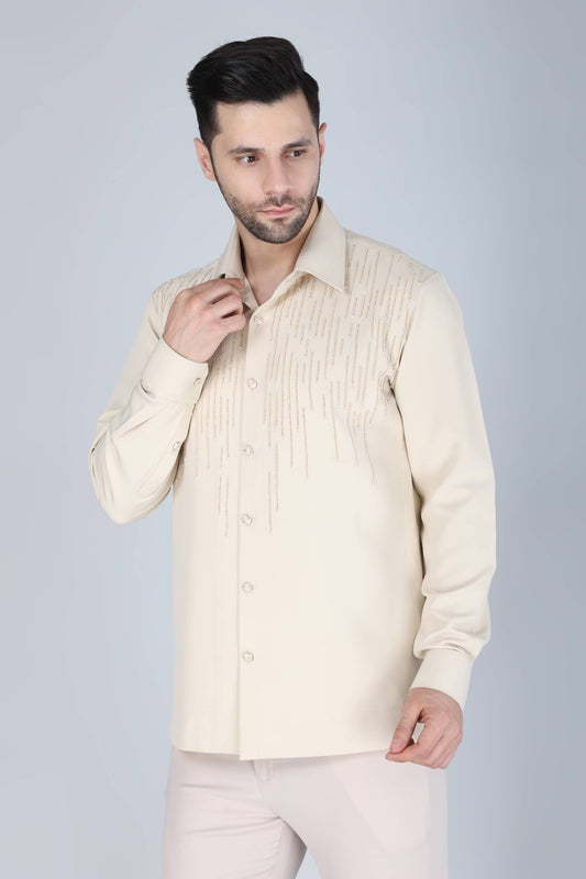 Cream Hand Embroidered Shirt for Men