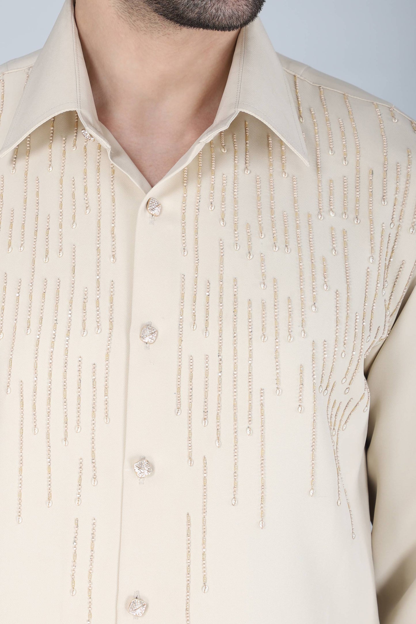 Cream Hand Embroidered Shirt for Men