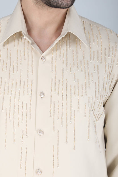 Cream Hand Embroidered Shirt for Men