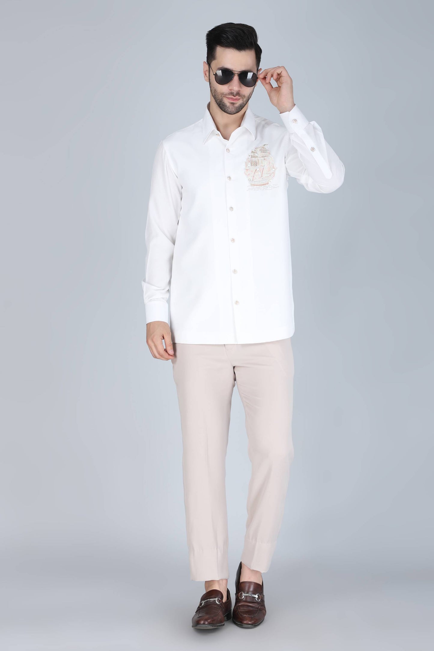 White Hand Embroidered Shirt for Men