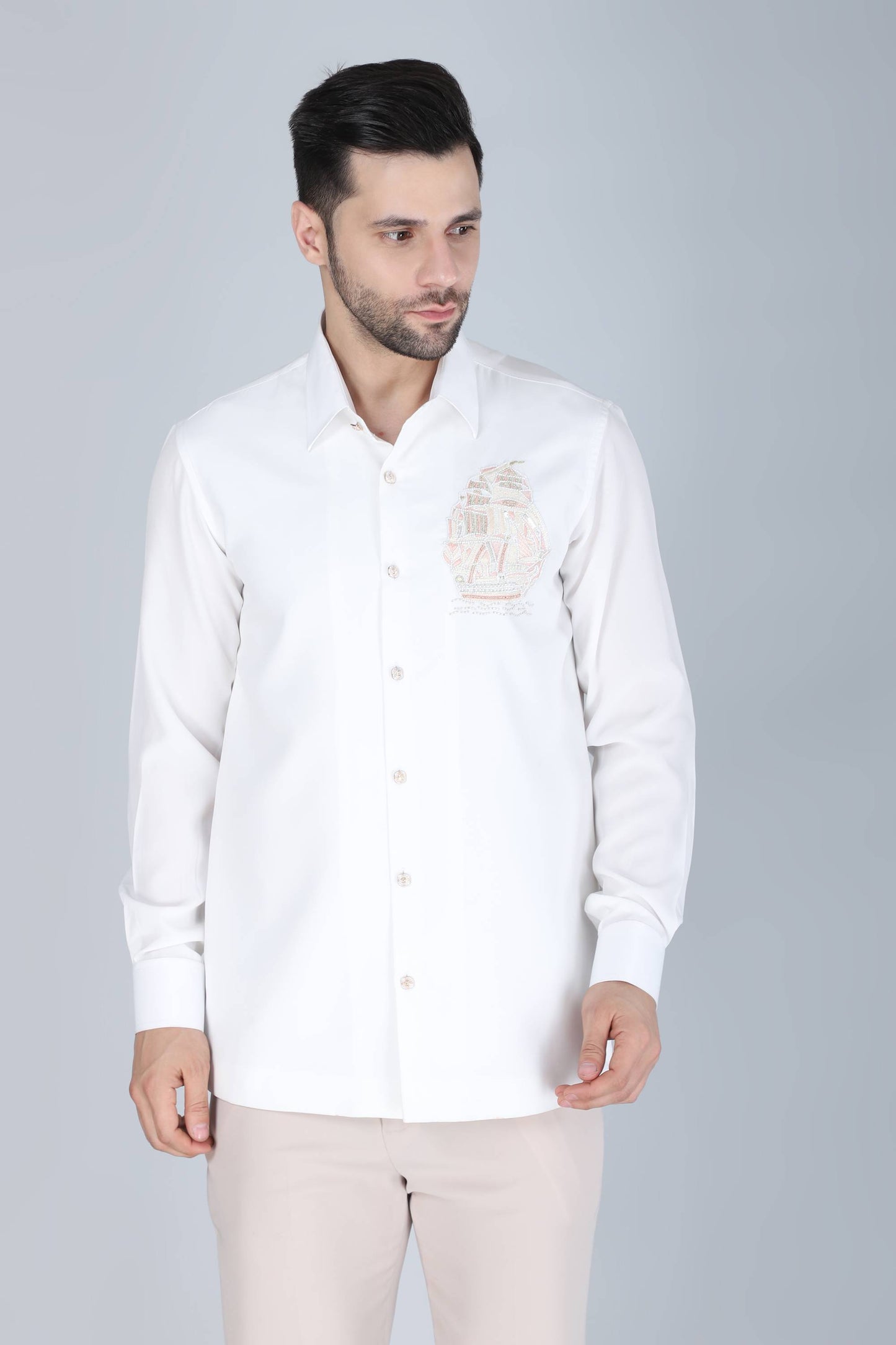 White Hand Embroidered Shirt for Men