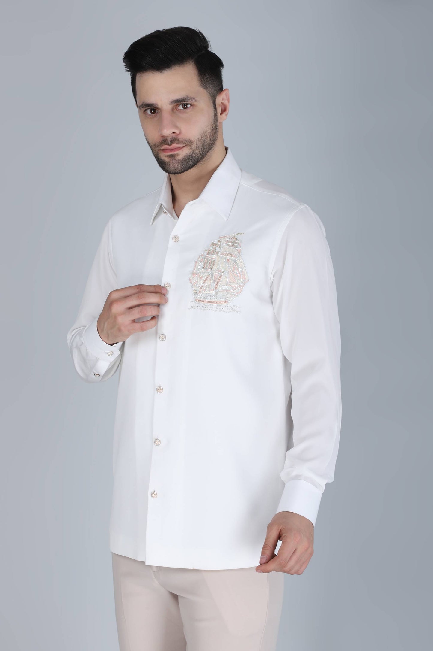 White Hand Embroidered Shirt for Men