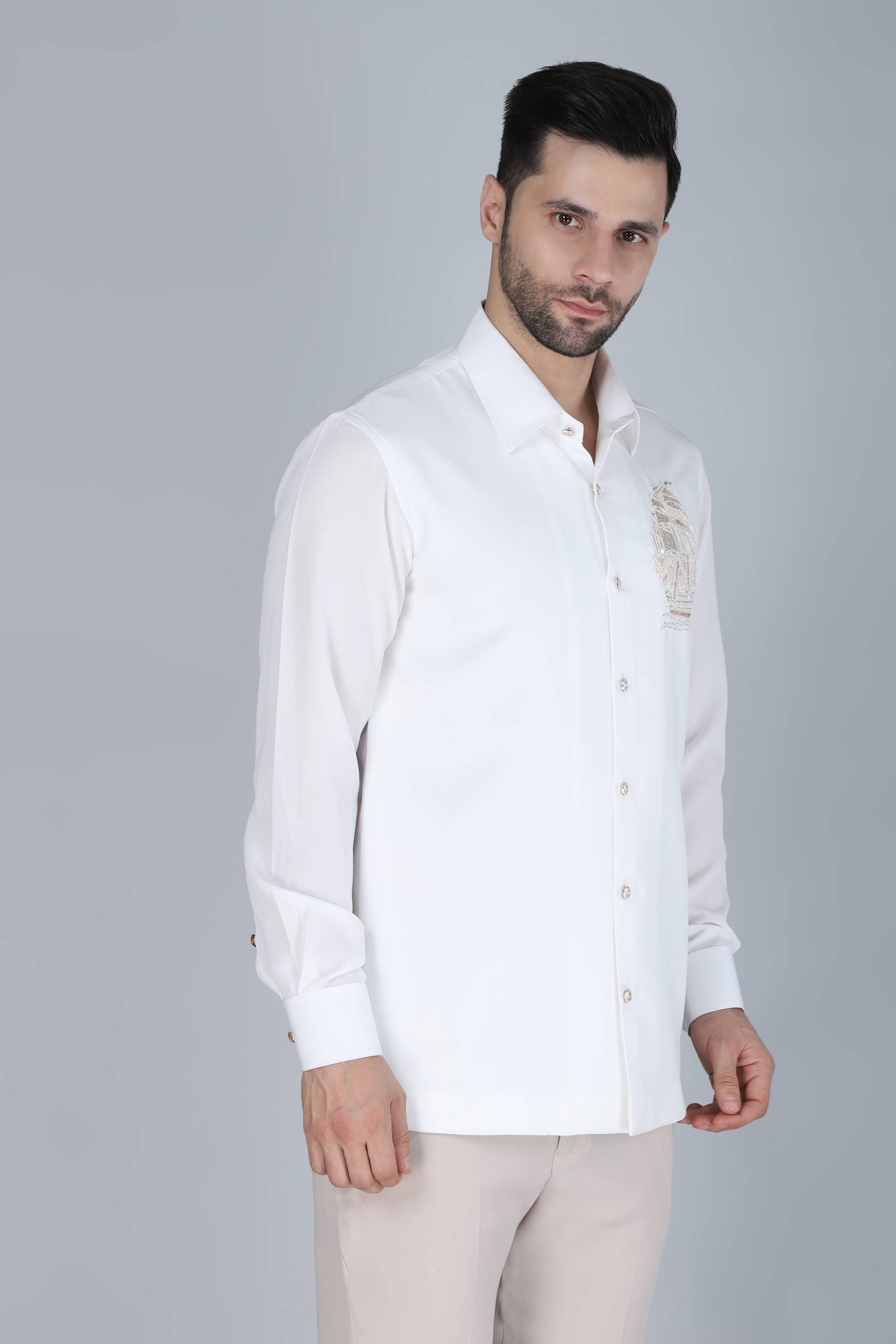 White Hand Embroidered Shirt for Men