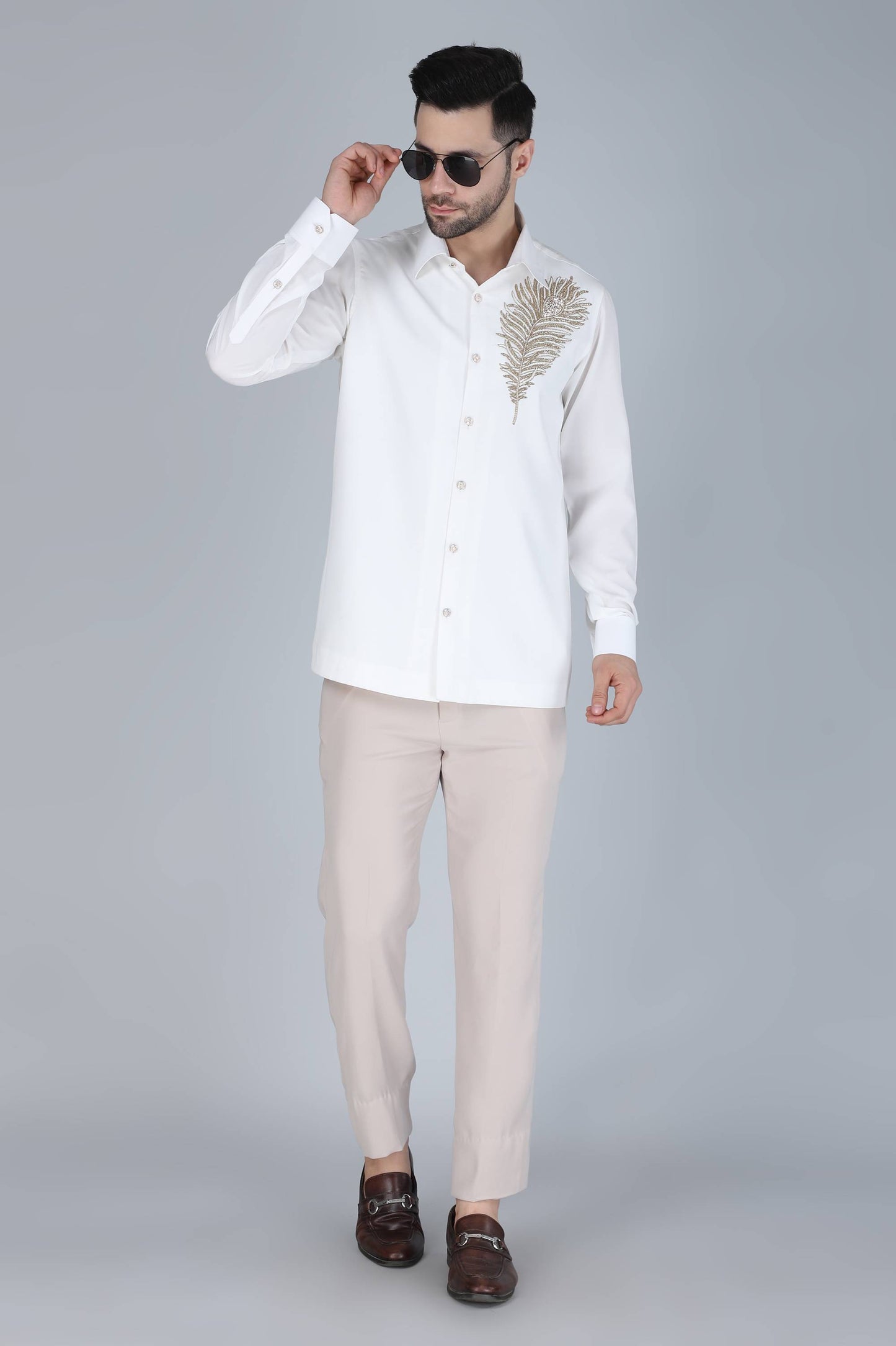 White Hand Embroidered shirt for men