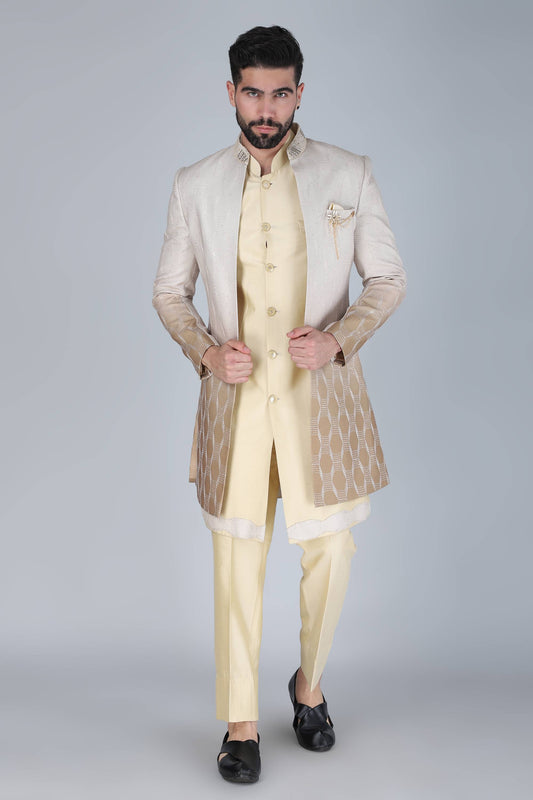 Pale Yellow Thread And Sequins Embroidered Indowestern Set