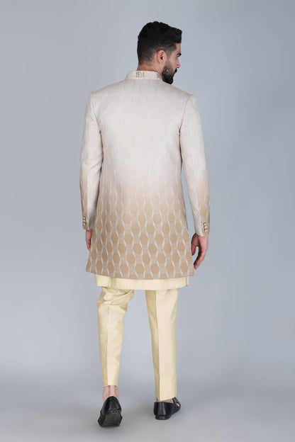 Pale Yellow Thread And Sequins Embroidered Indowestern Set