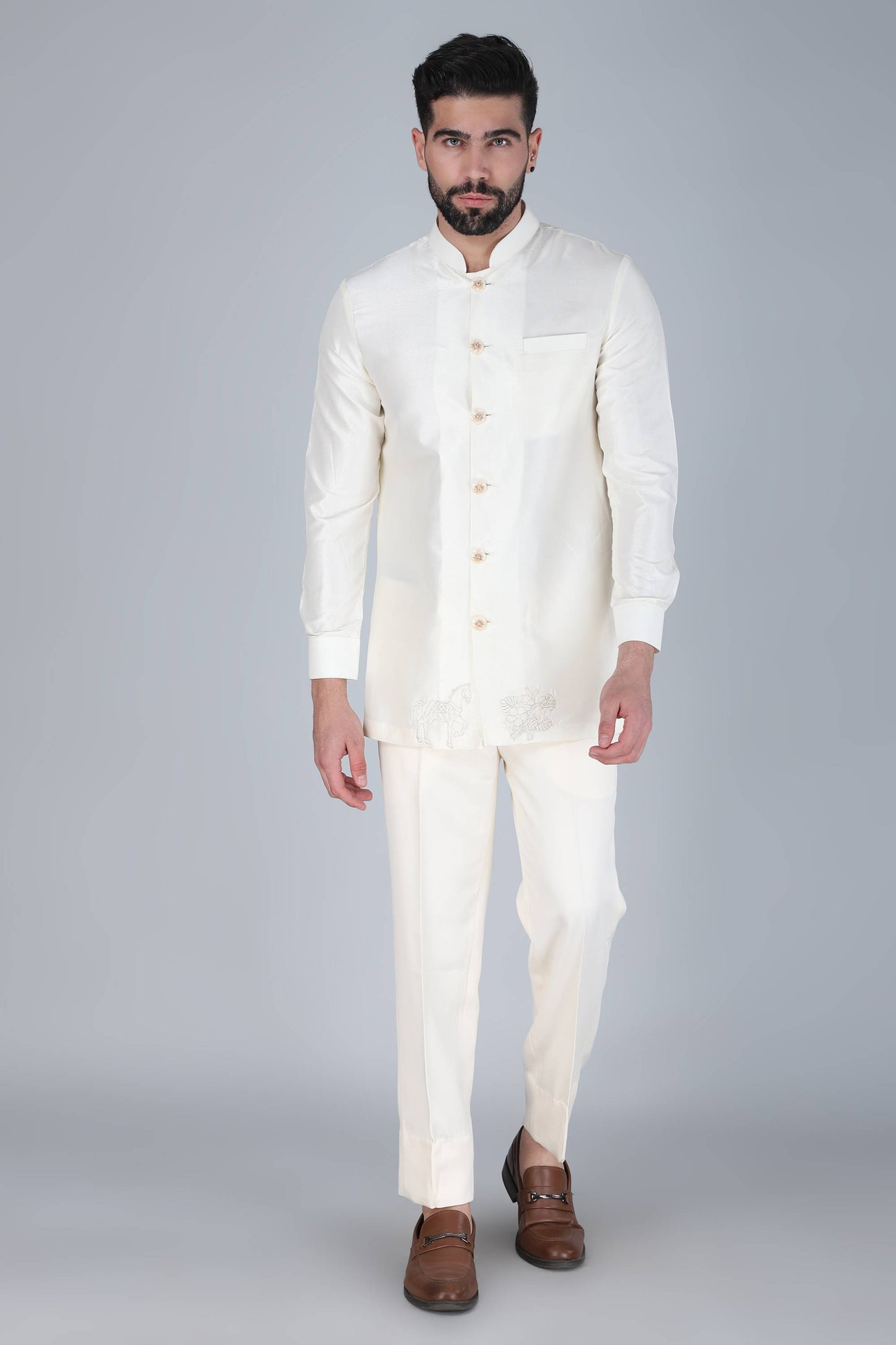 Ivory Thread And Sequins Embroidered Short Indowestern
