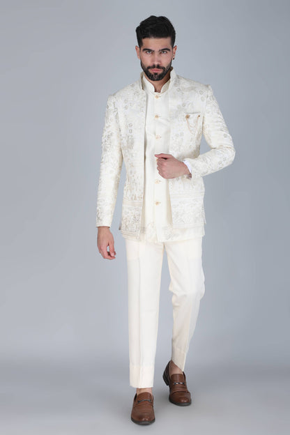 Ivory Thread And Sequins Embroidered Short Indowestern