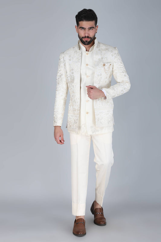 Ivory Thread And Sequins Embroidered Short Indowestern