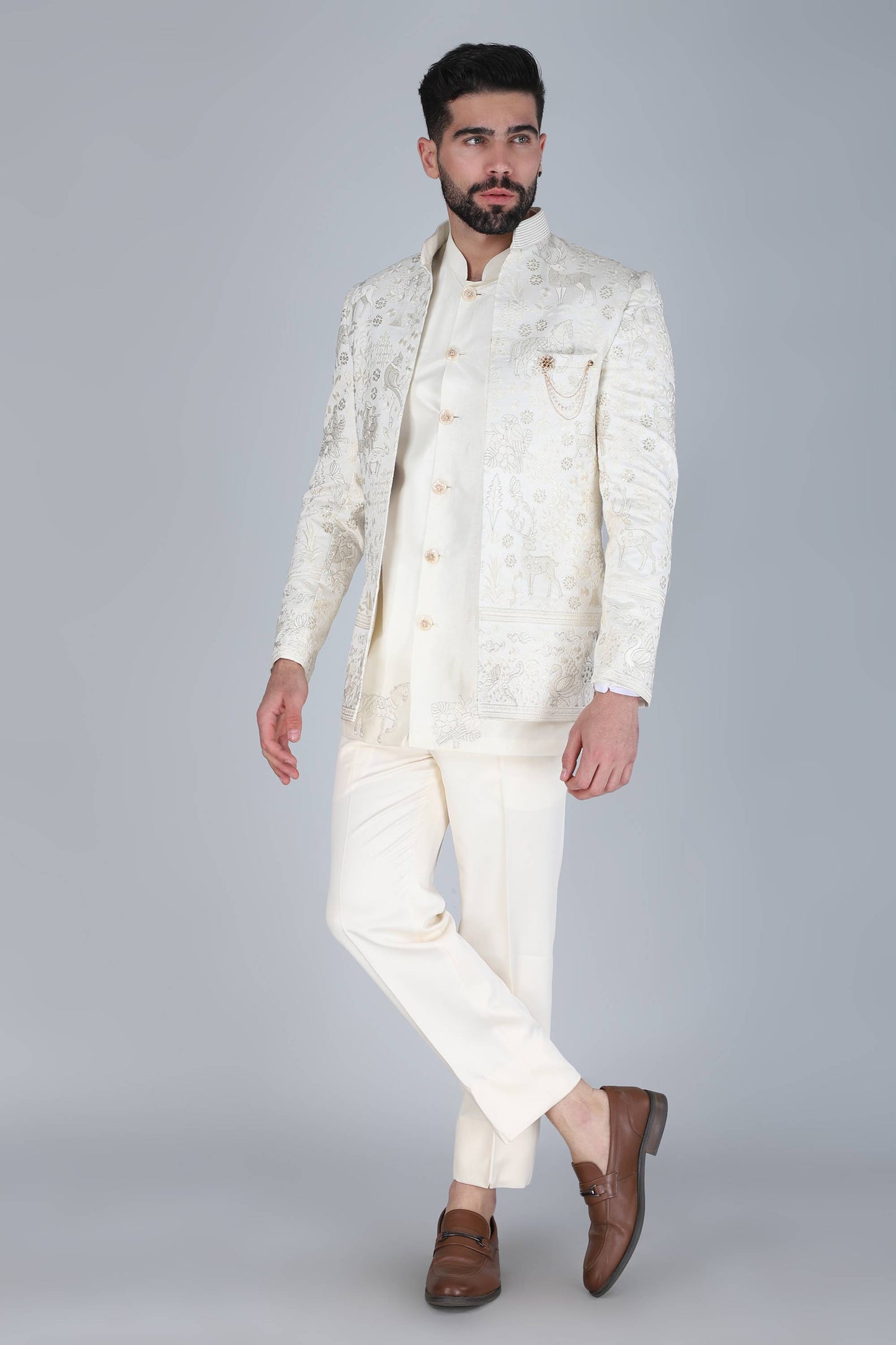 Ivory Thread And Sequins Embroidered Short Indowestern