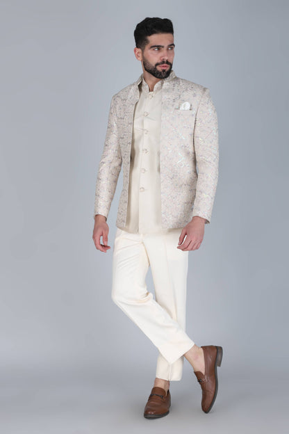 Off White Thread And Sequins Embroidered Short Indowestern On Silk