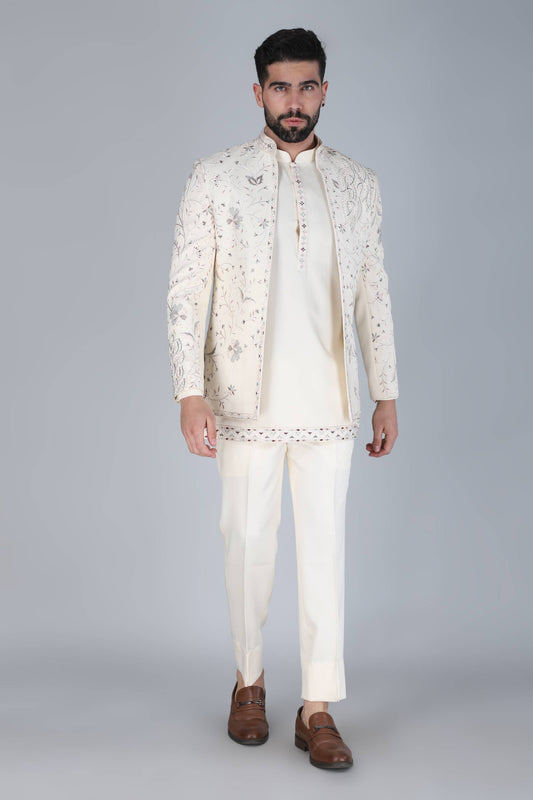 Ivory Multicolor Thread And Sequins Embroidered Short Indowestern