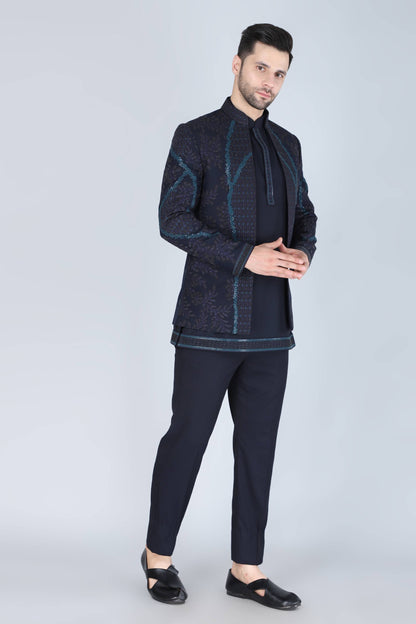 Navy Blue Thread And Sequins Embroidered Short Indowestern