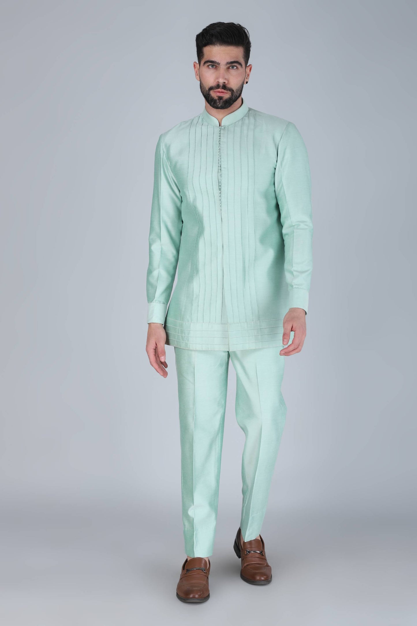 Sea Green Thread and Sequins Embroidered Short Indowestern