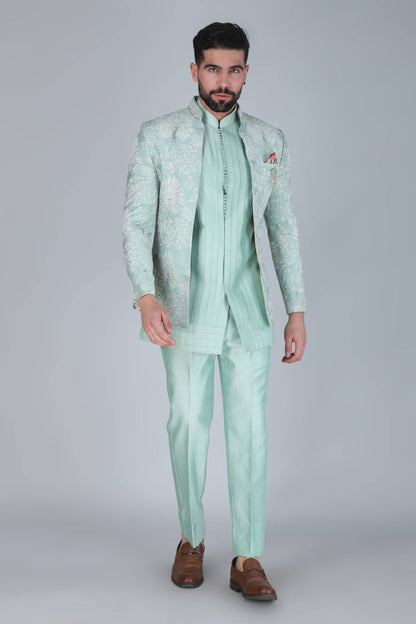 Sea Green Thread and Sequins Embroidered Short Indowestern