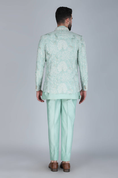 Sea Green Thread and Sequins Embroidered Short Indowestern
