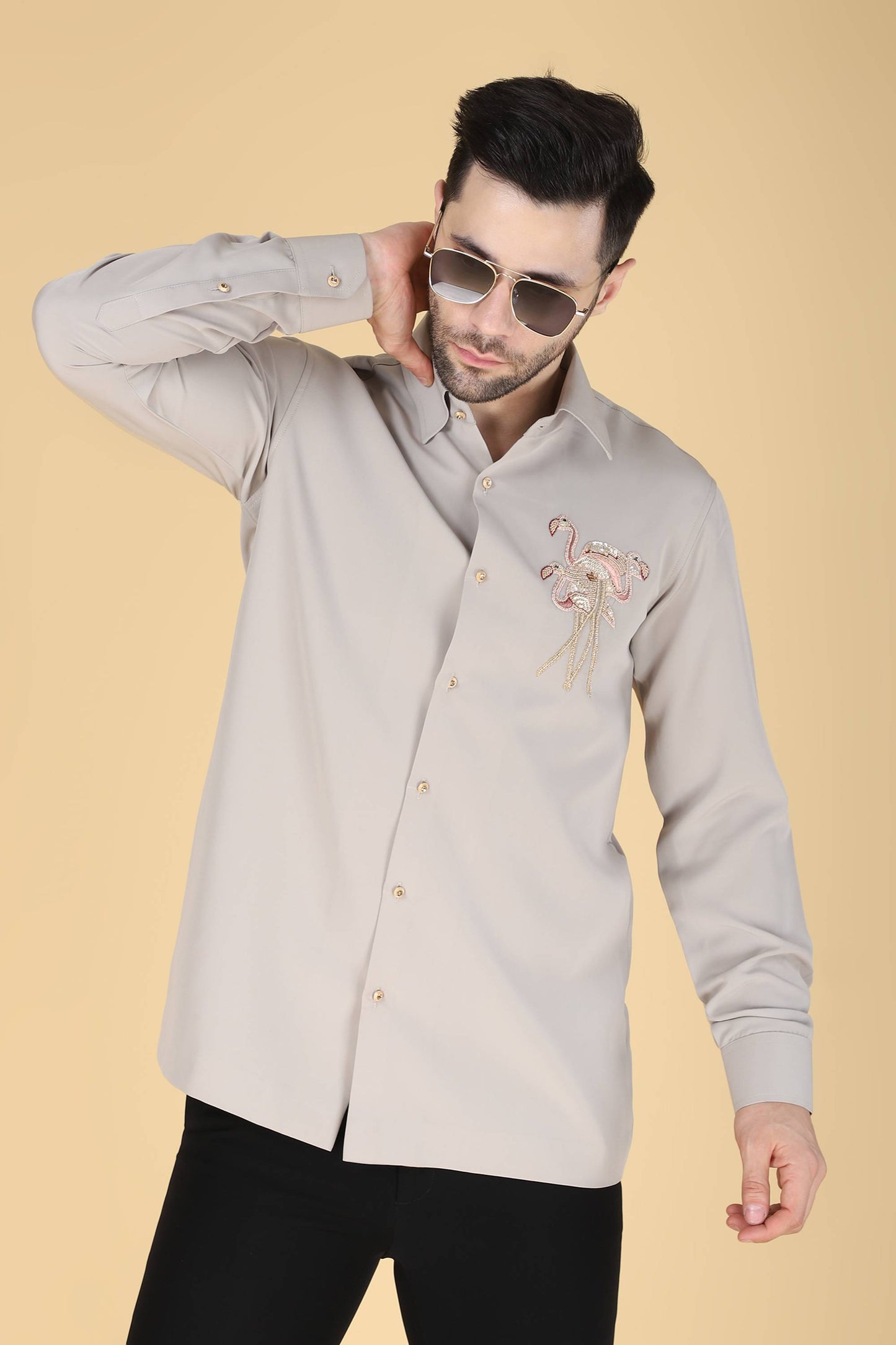 Light Grey Hand Embroidered Shirt for Men