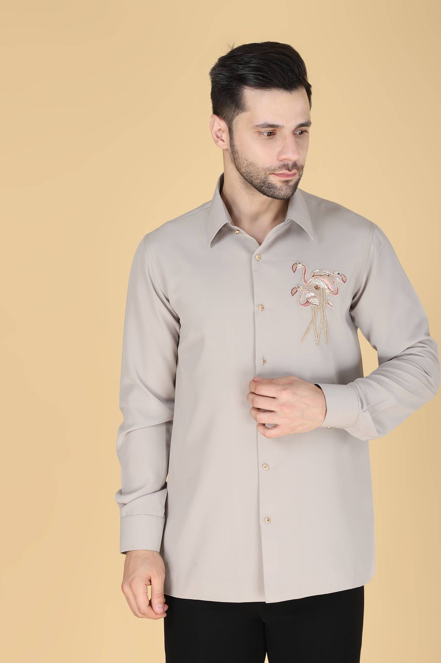Light Grey Hand Embroidered Shirt for Men