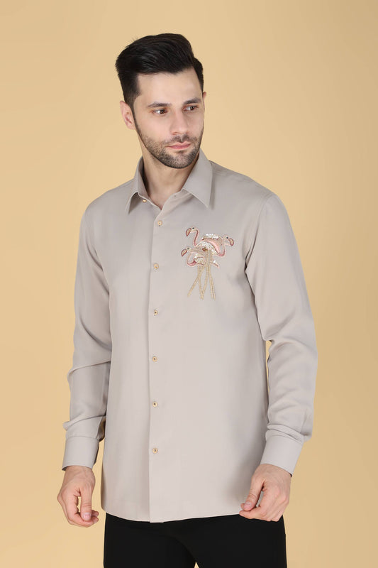 Light Grey Hand Embroidered Shirt for Men