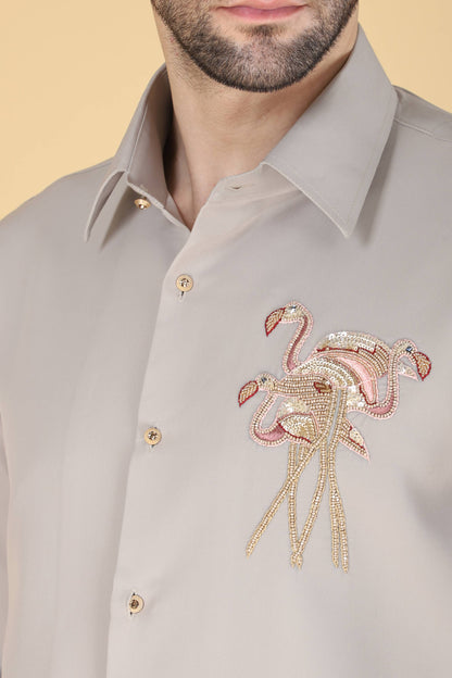 Light Grey Hand Embroidered Shirt for Men