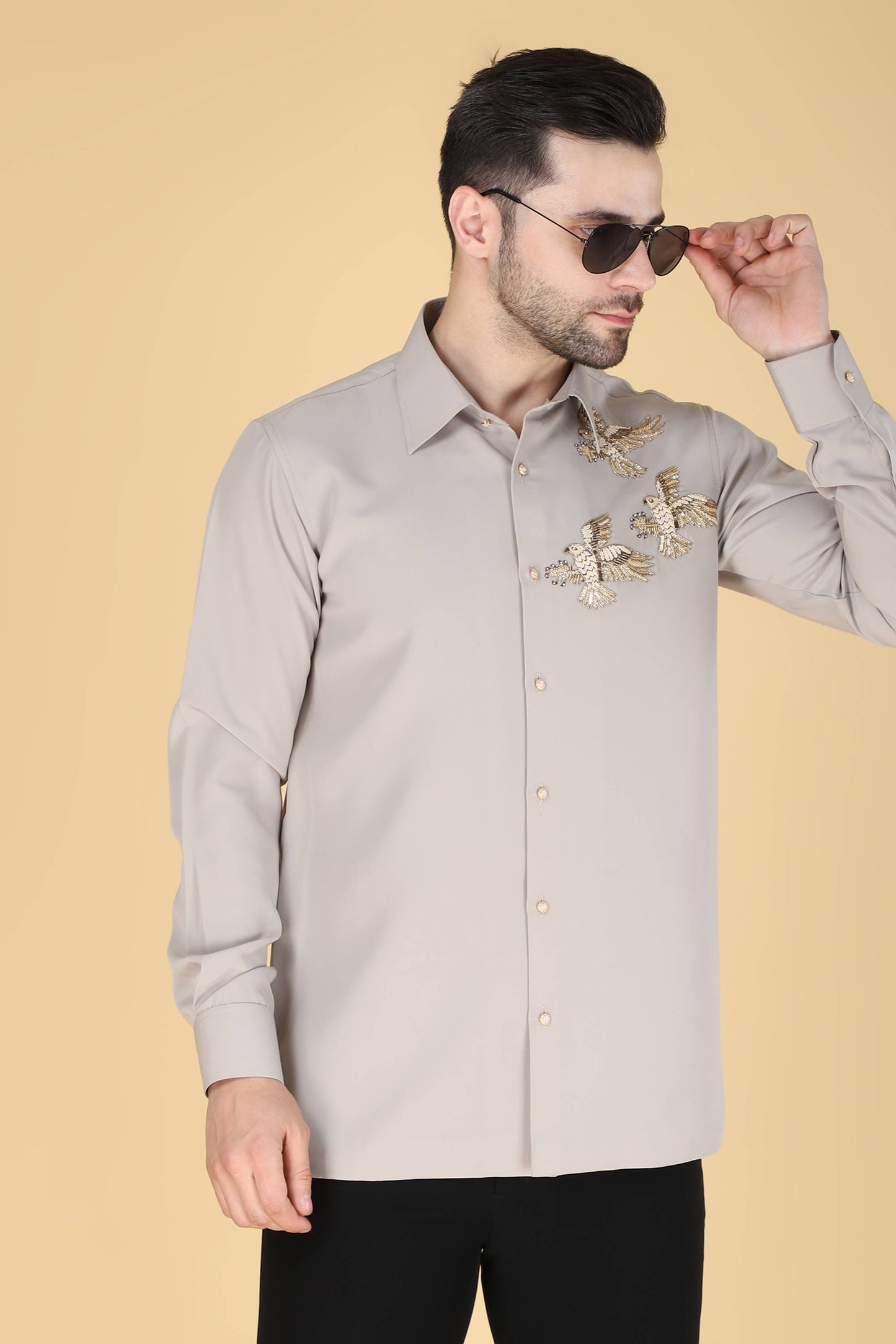 Light Grey Hand embroidered Shirt for Men