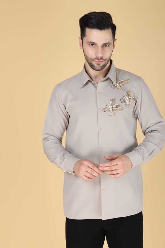 Light Grey Hand embroidered Shirt for Men
