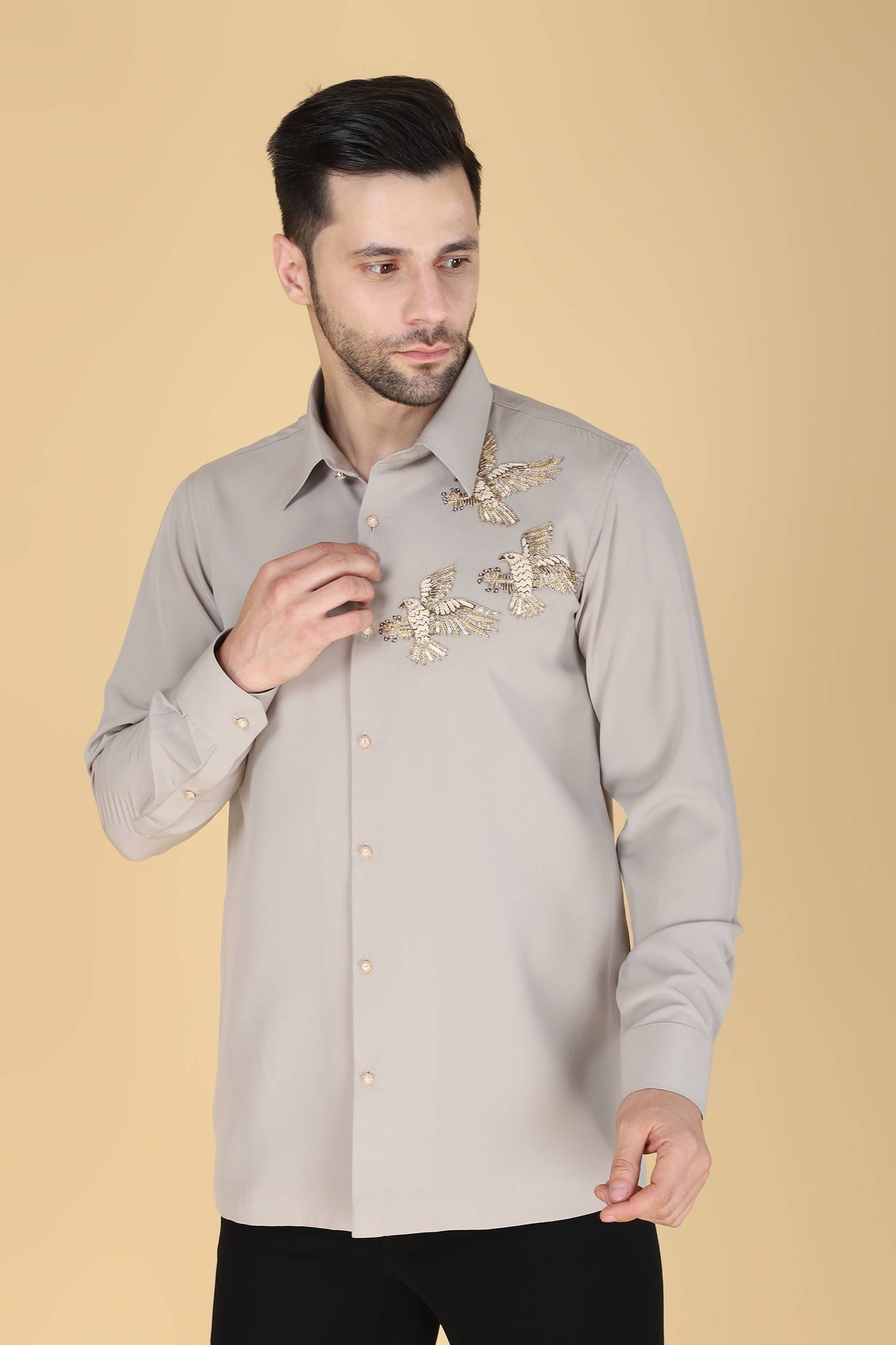Light Grey Hand embroidered Shirt for Men
