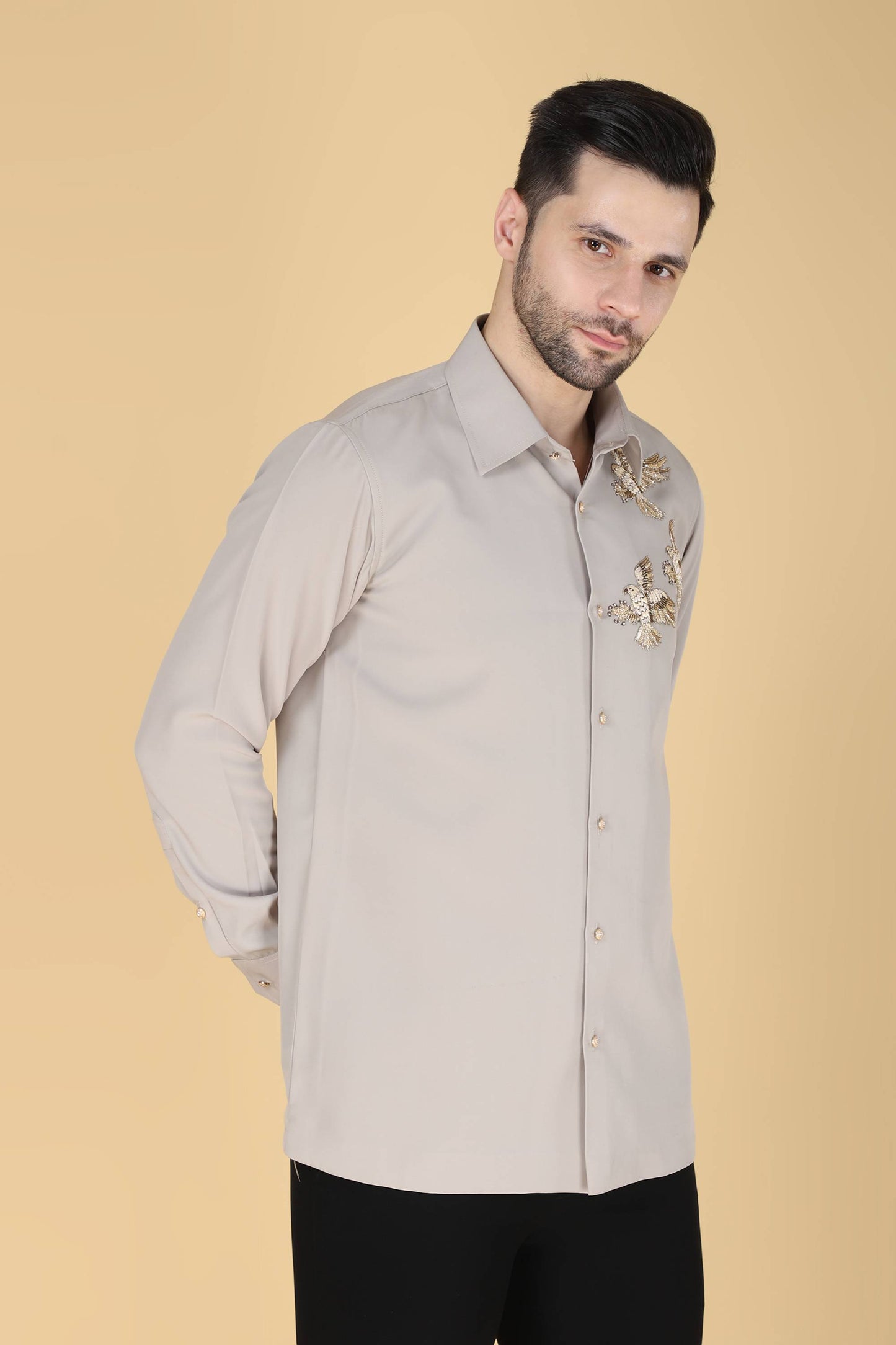 Light Grey Hand embroidered Shirt for Men