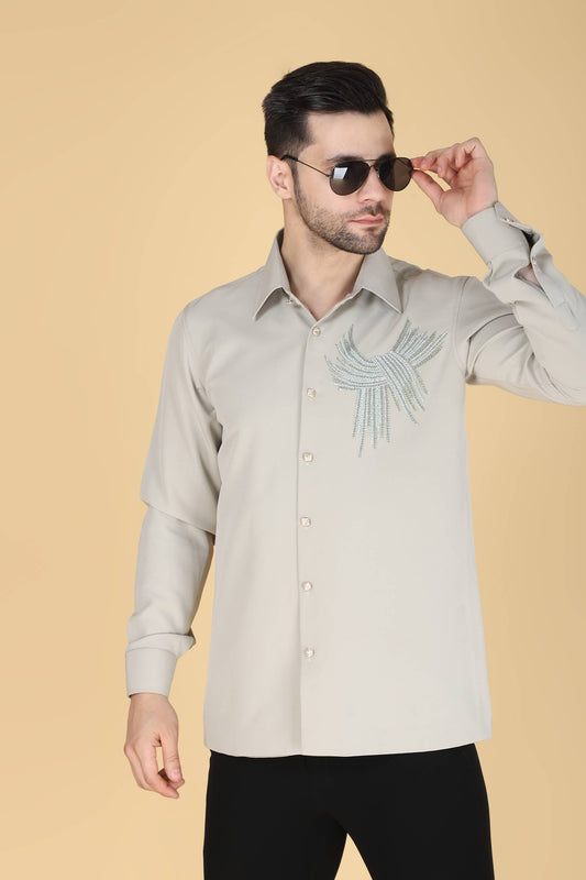 Light Grey Hand Embroidered Shirt For Men