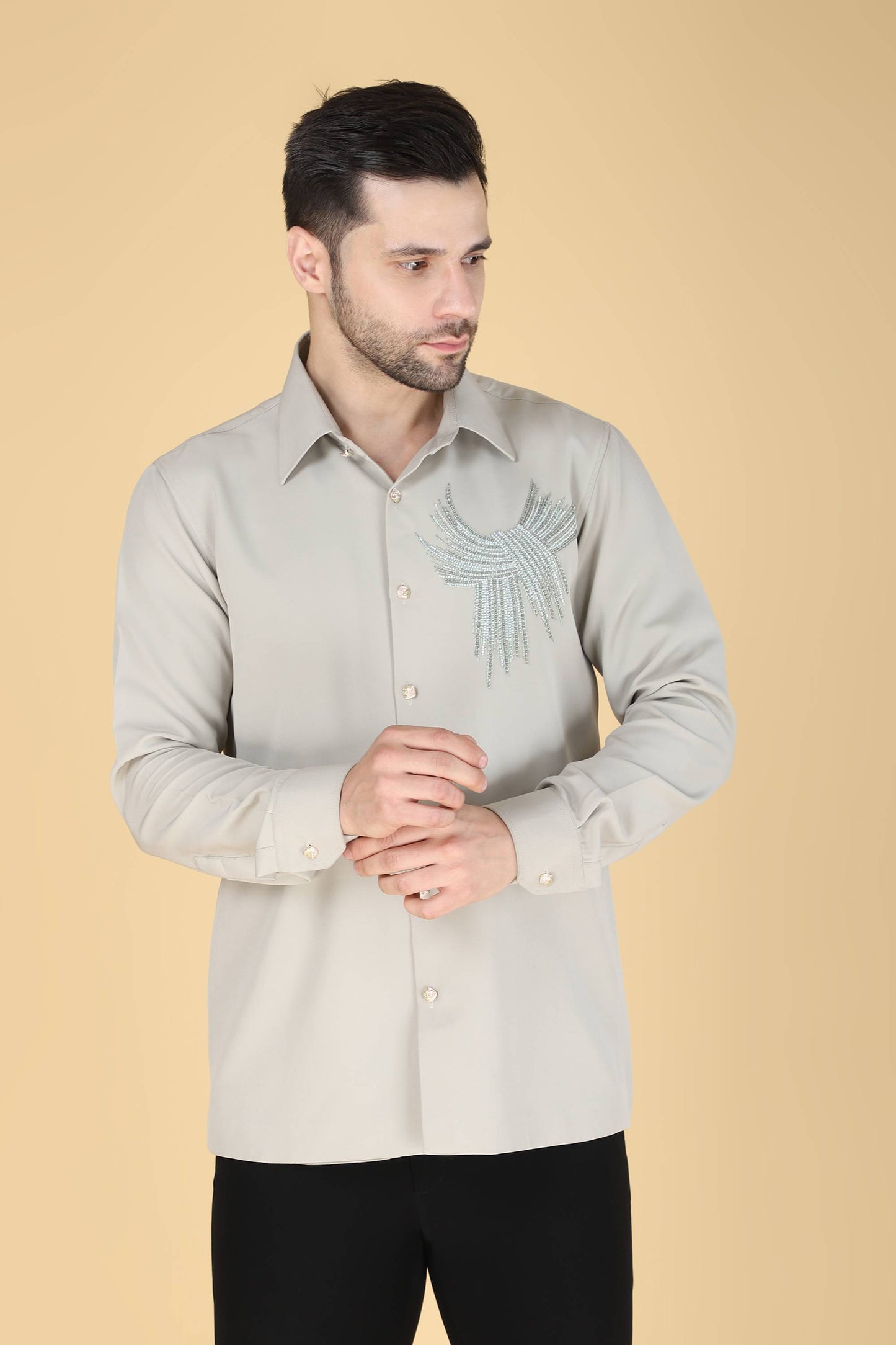 Light Grey Hand Embroidered Shirt For Men