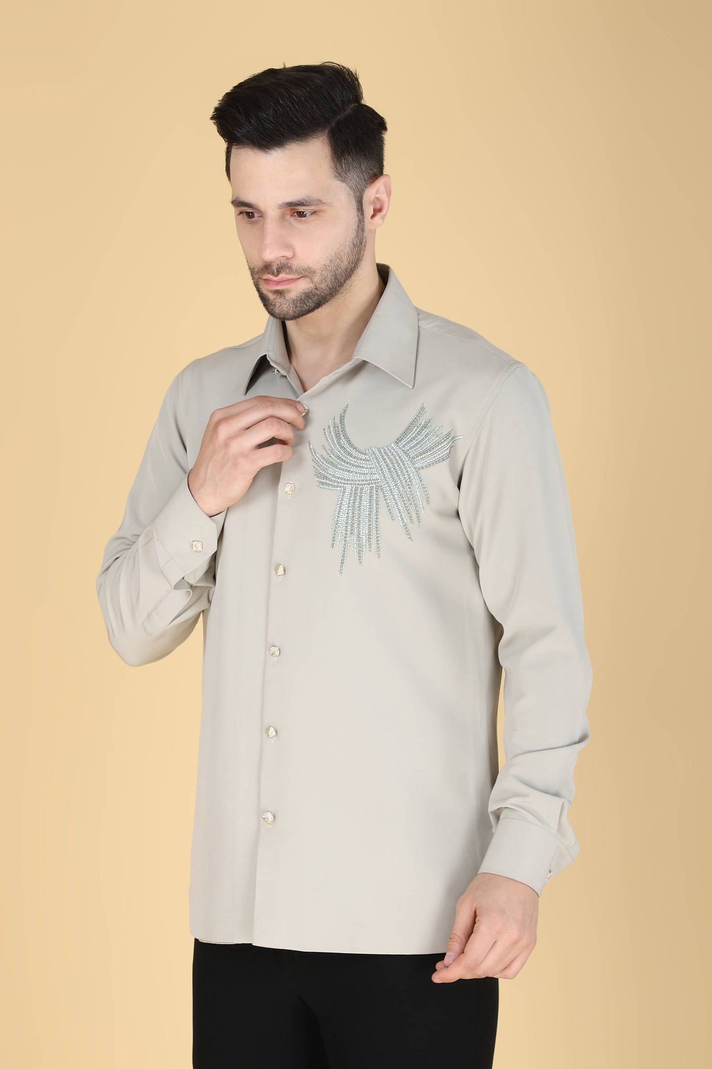 Light Grey Hand Embroidered Shirt For Men
