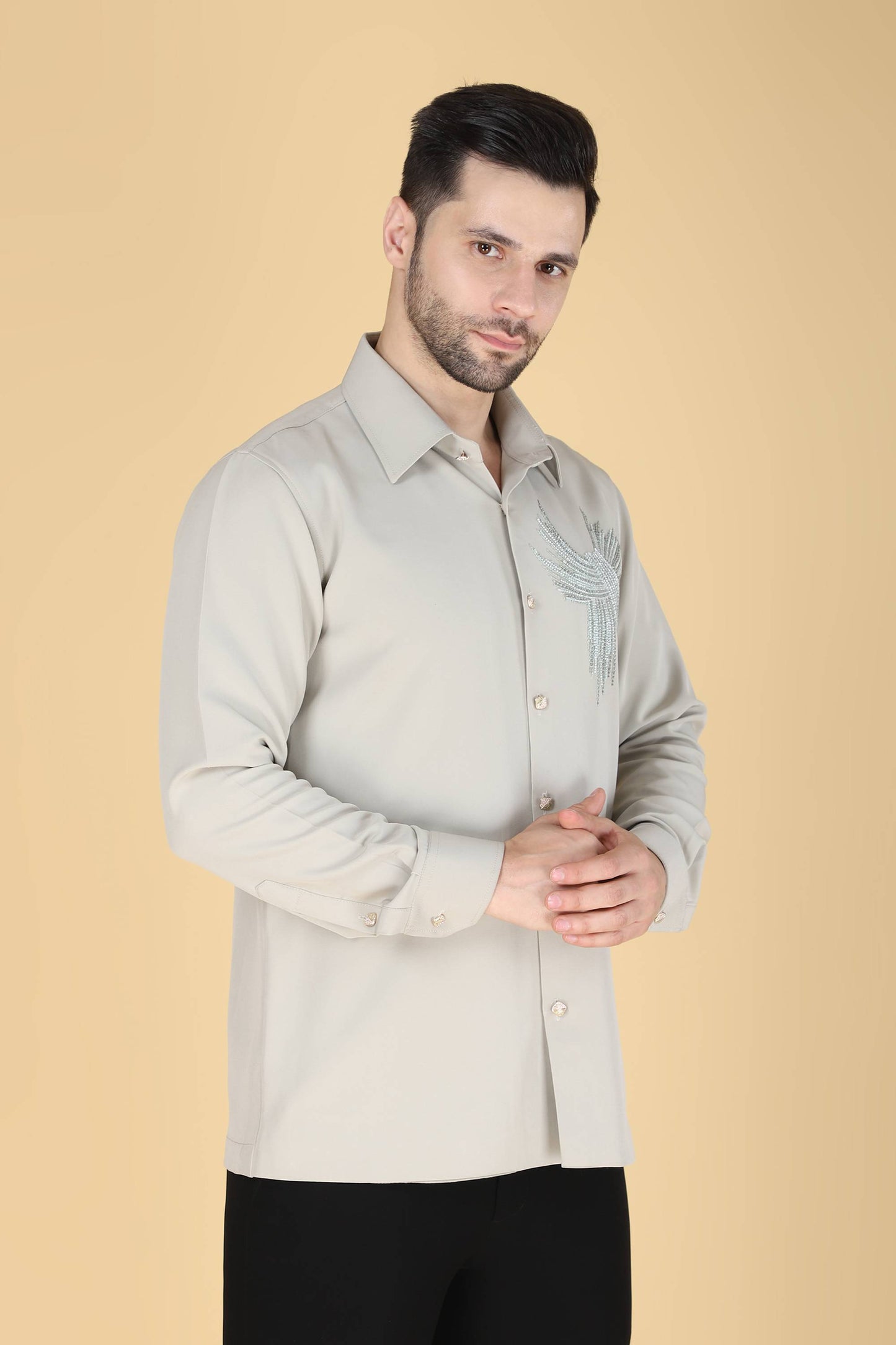Light Grey Hand Embroidered Shirt For Men