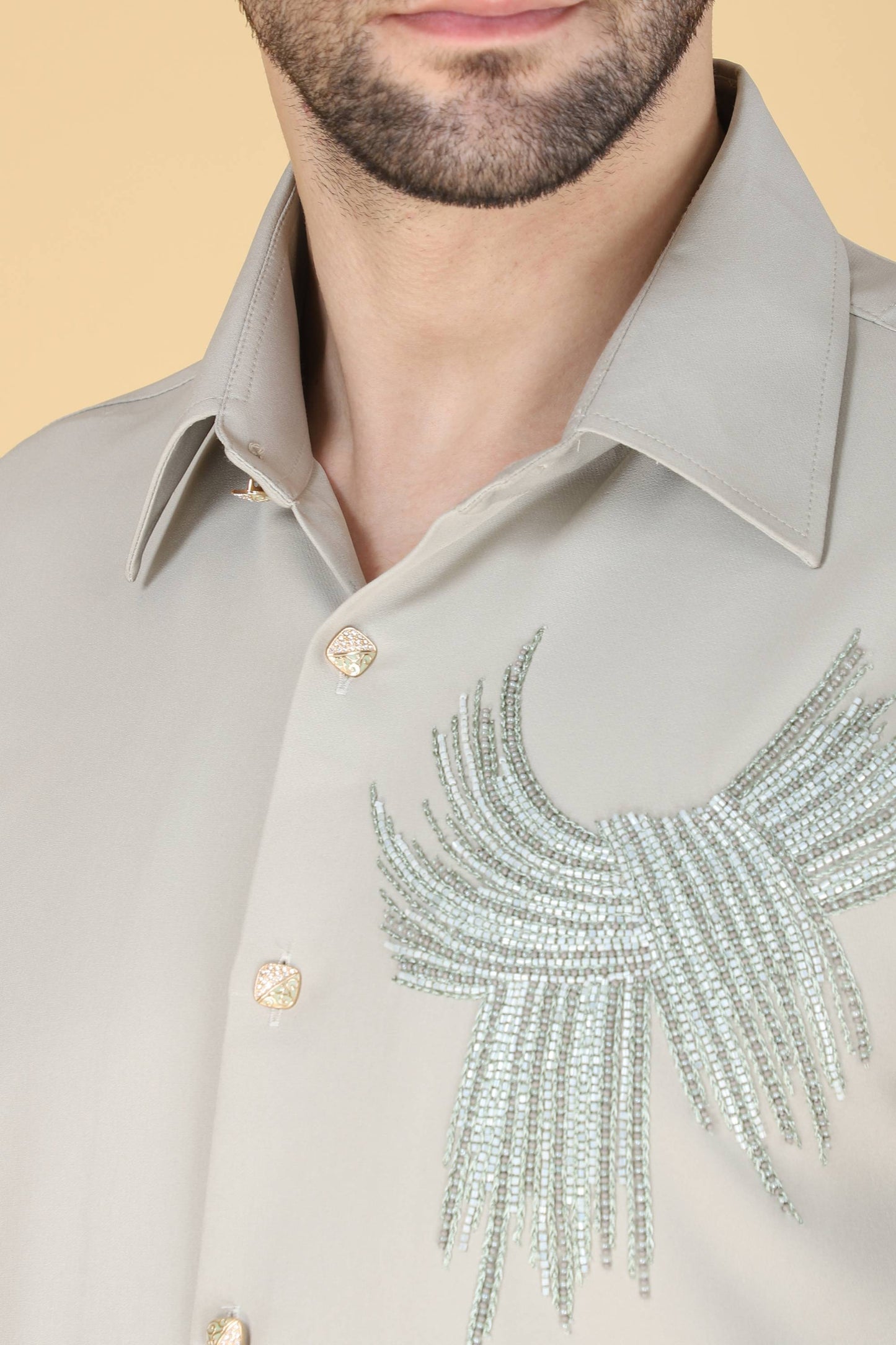Light Grey Hand Embroidered Shirt For Men
