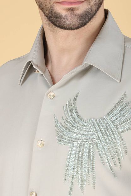 Light Grey Hand Embroidered Shirt For Men