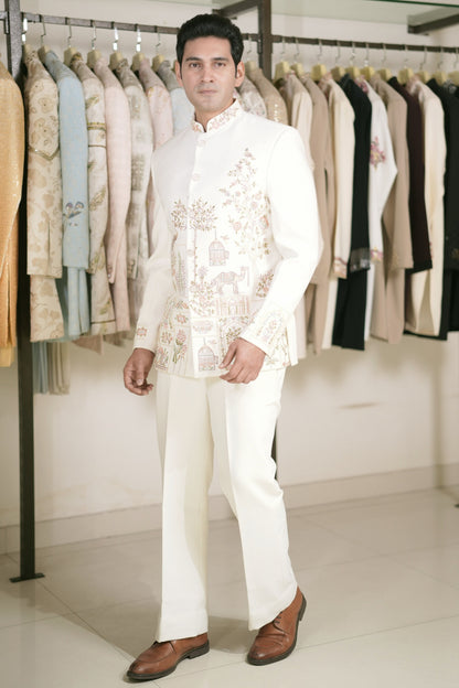 Ivory Bandhgala Suit for Men with Traditional Garden Embroidery and Thread Work