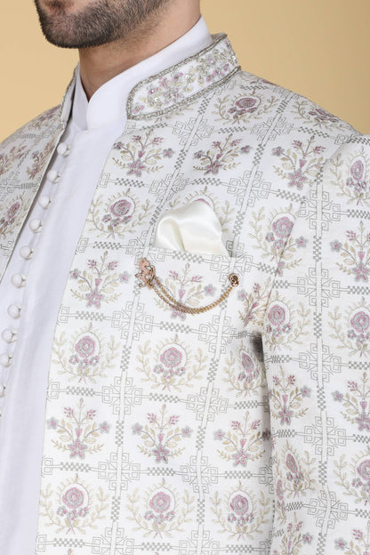 White Multicolor Thread And Sequins Embroidered Short Indowestern