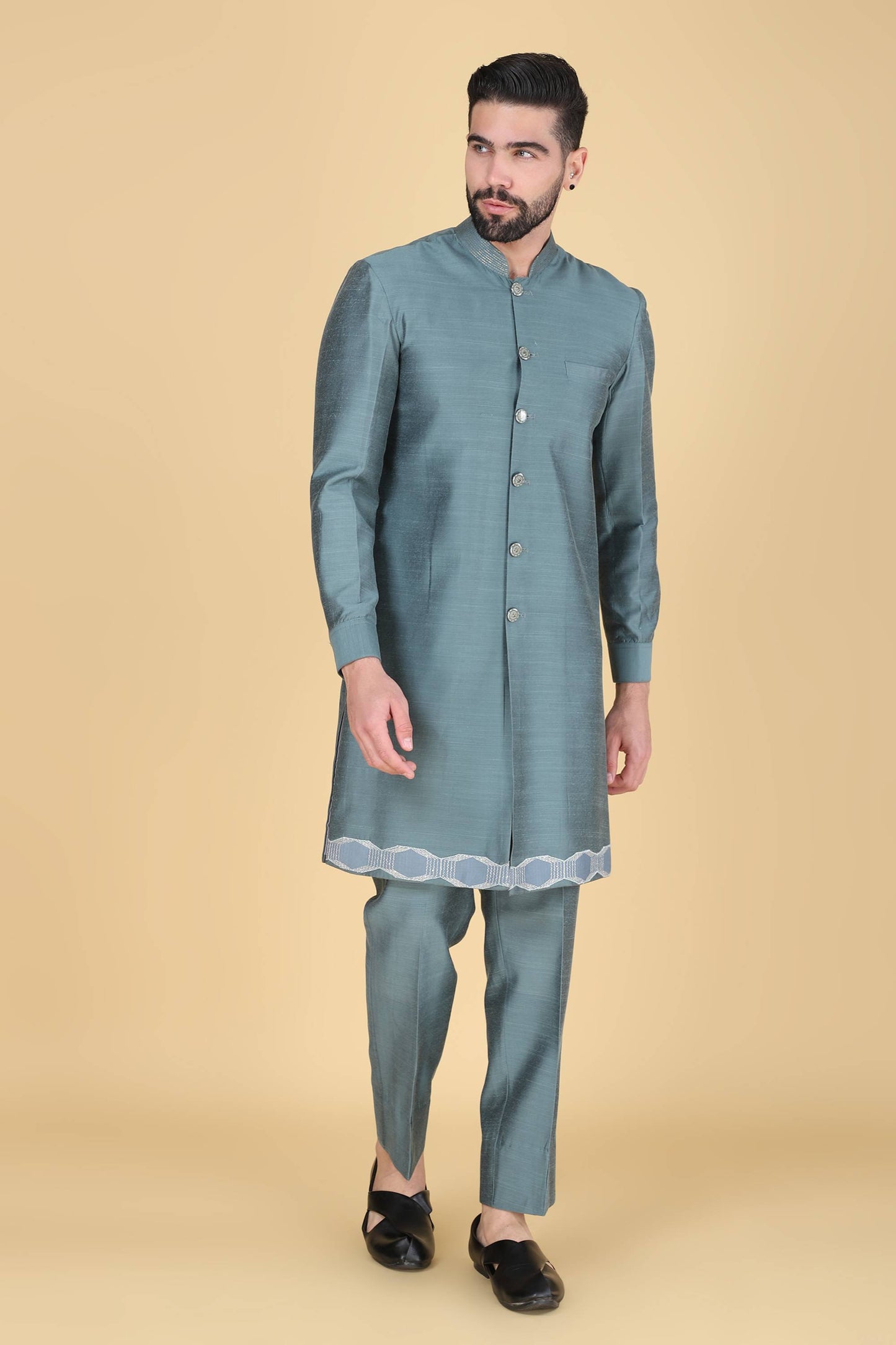 Steel Blue Grey Thread and Sequins Embroidered Indowestern