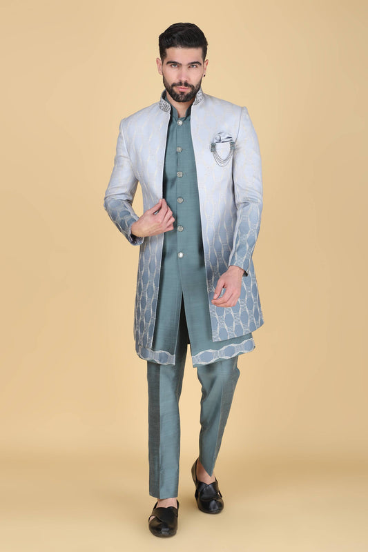 Steel Blue Grey Thread and Sequins Embroidered Indowestern