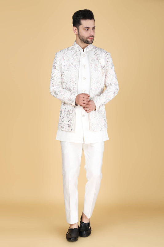 White Multicolor Thread And Sequins Embroidered Short Indowestern