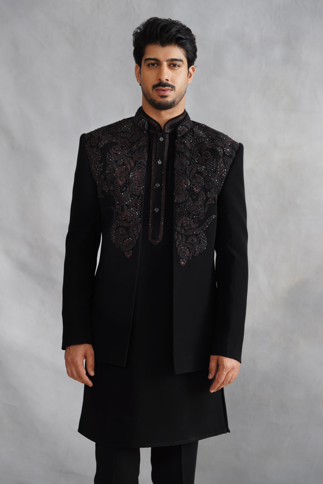 Black Indowestern Handwork with Stone and Pearl on Italian Fabric