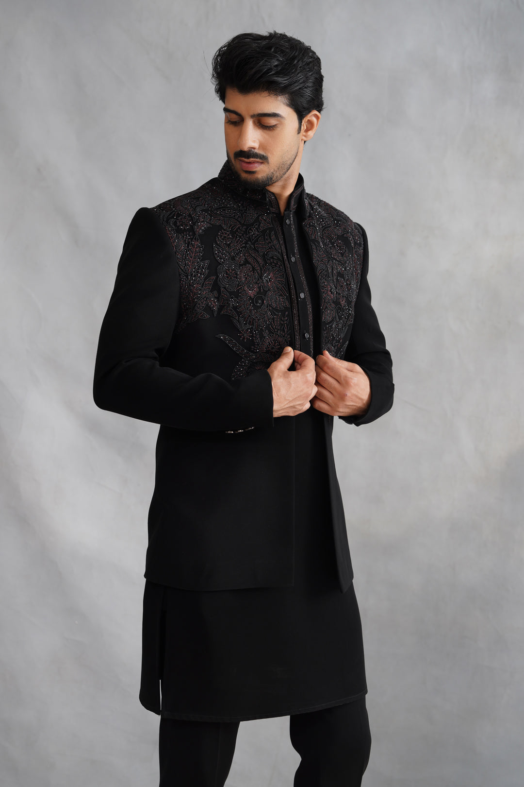 Black Indowestern Handwork with Stone and Pearl on Italian Fabric