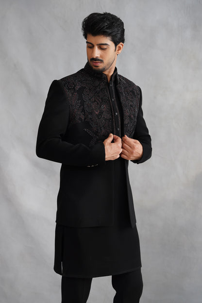 Black Indowestern Handwork with Stone and Pearl on Italian Fabric