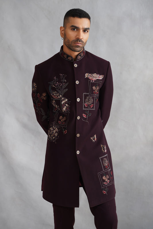 Maroon Zardozi Work Indowestern on Italian Fabric