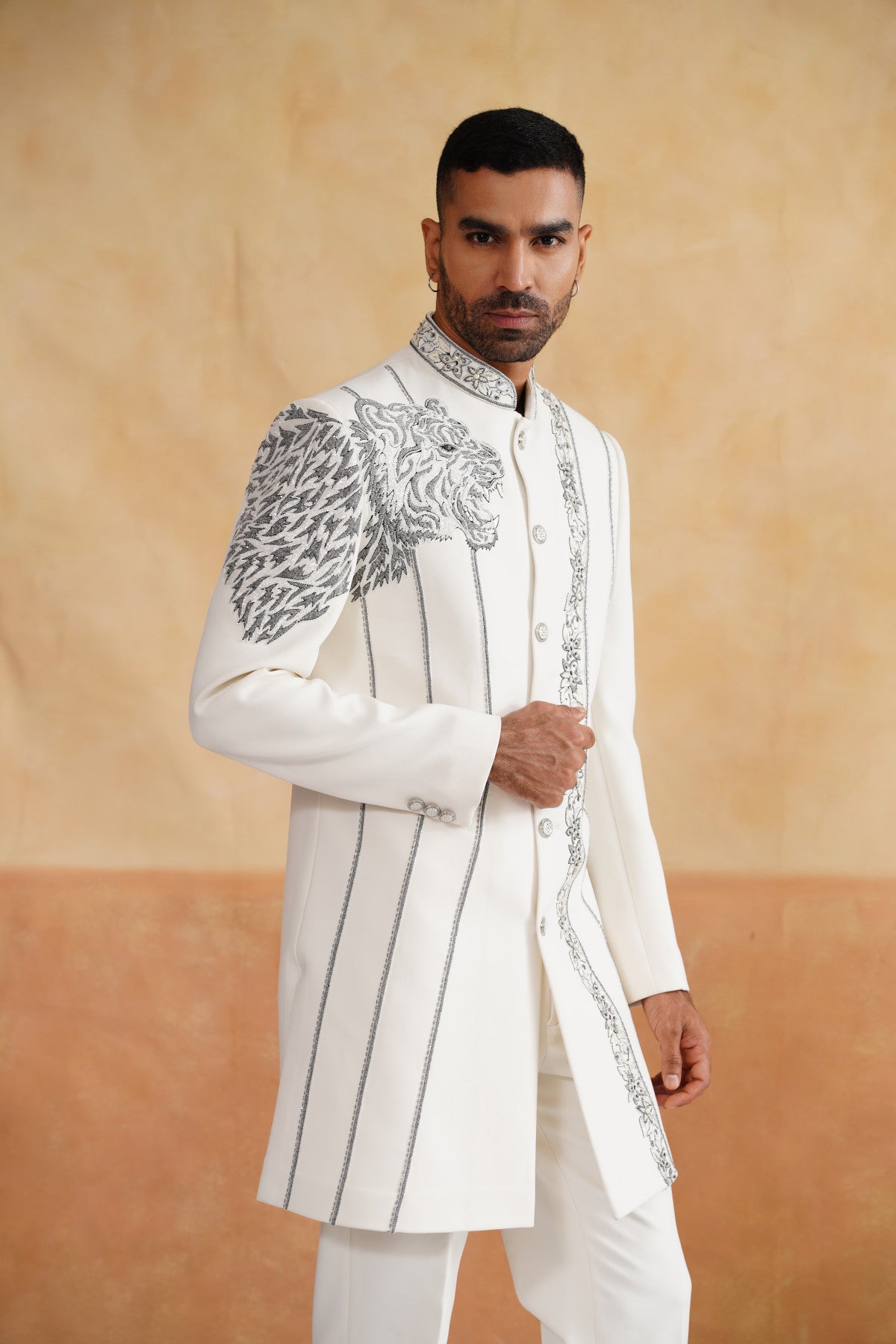 Off White Indowestern with Cutdana and Thread Embroidery