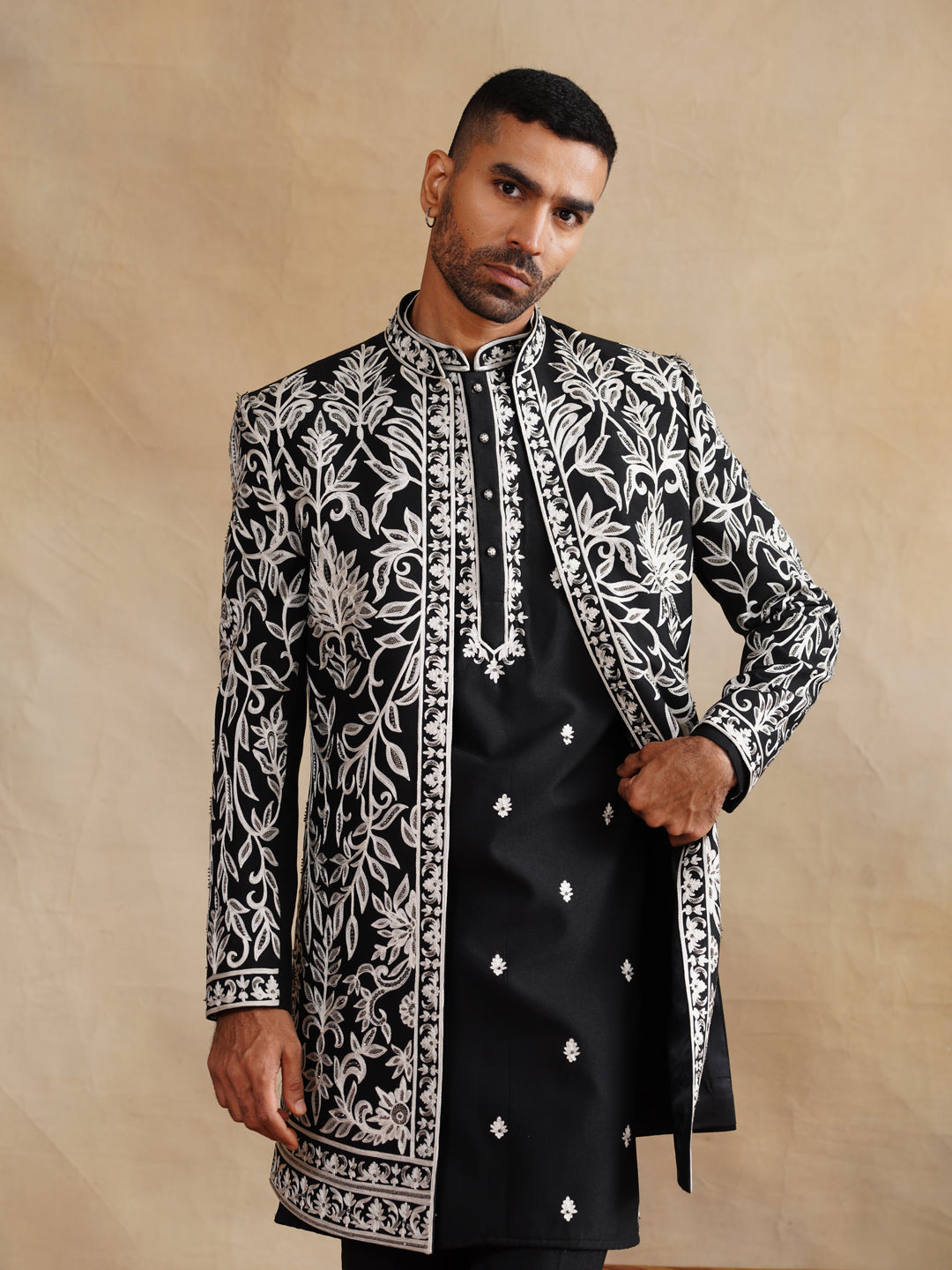 Black Indowestern Handwork with Cutdana and Thread Embroidery on Silk
